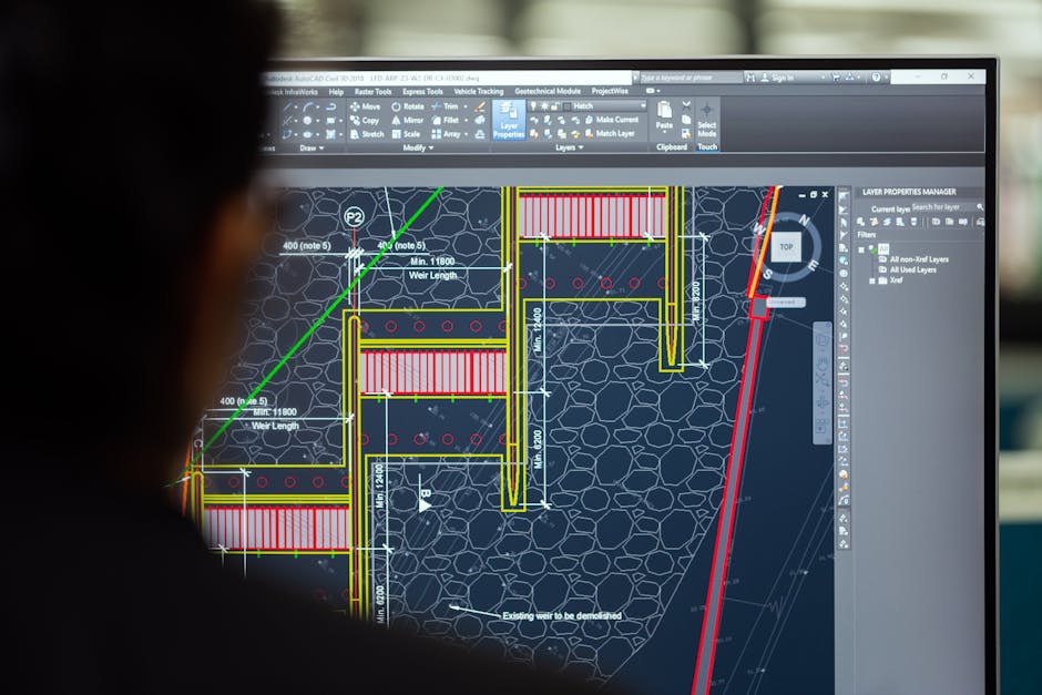 pexels photo 3862379 3862379 A civil engineer working on a weir design using CAD software on a computer screen in an office setting.